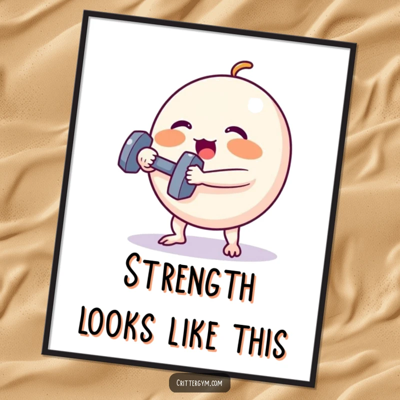 Funny Art Print: A small, round creature with rosy cheeks strains to lift a tiny dumbbell, humorously depicting workout effort.