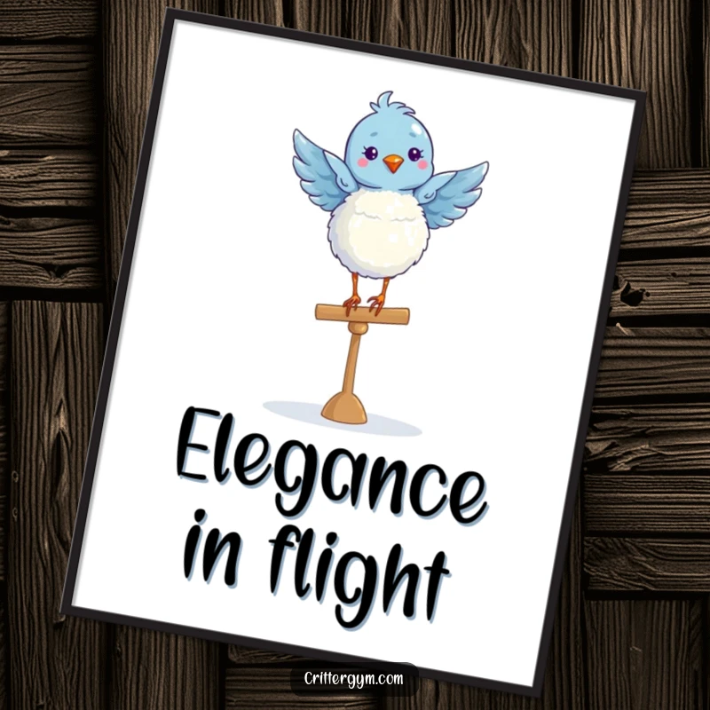 Funny fluffy blue bird in a graceful ballet pose on a balance beam, depicted in a charming digital art print.