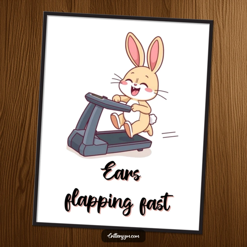 Funny digital art print of a giggling bunny sprinting on a treadmill, ears flapping, a humorous and energetic piece.