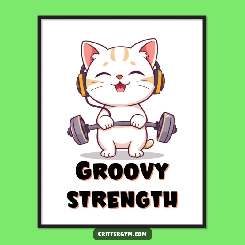 Funny Cat Headphones Lifting Digital Art: Giggling Fitness Character Print