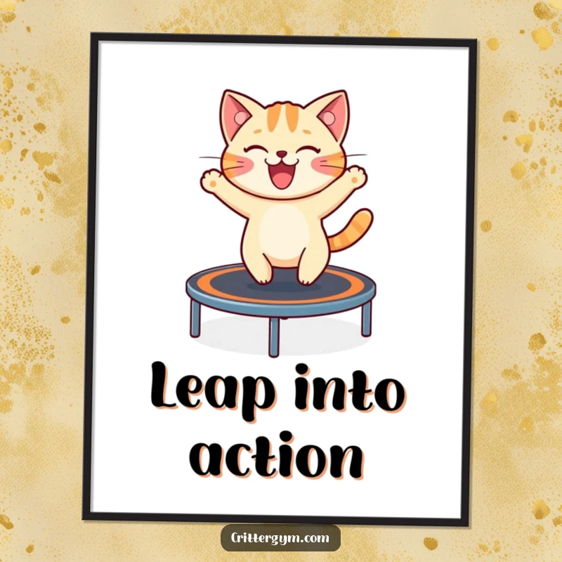 Funny digital art print of a cheerful cat excitedly bouncing high on a miniature trampoline, creating instant playful energy.