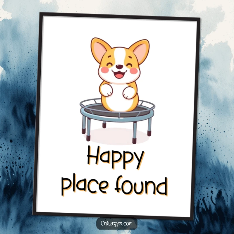 Funny digital art print of a happy corgi bouncing on a miniature trampoline, ideal for instant download and adding cheerful decor.
