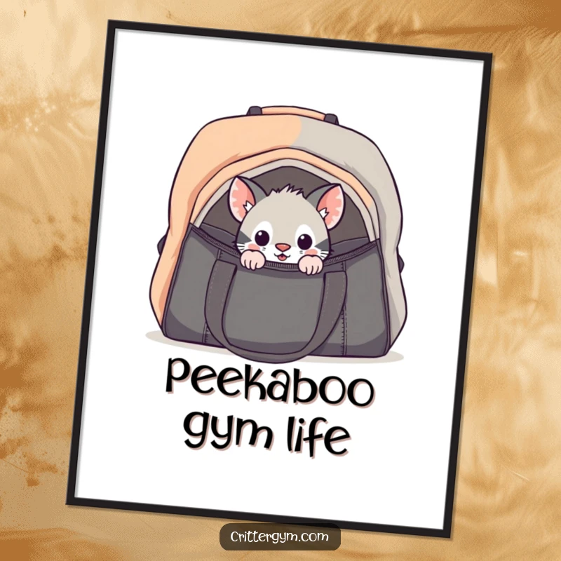 Funny curious critter gym bag digital art print of a small creature cautiously peeking into a large gym bag, ready to intrigue.