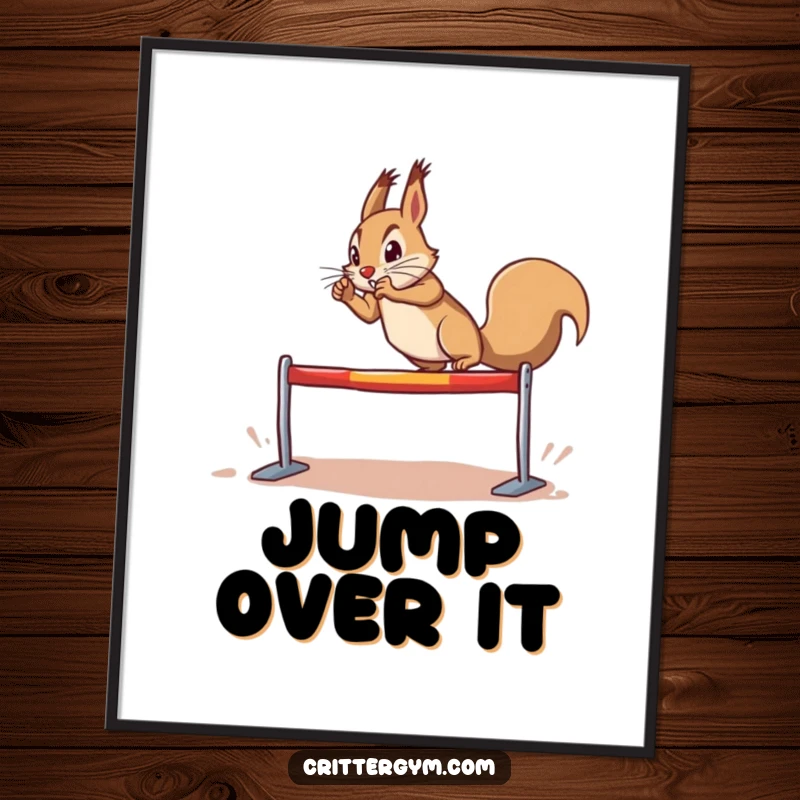 Funny determined squirrel digital art print, doing a dramatic leap over a tiny hurdle, instant wall decor, humorous funny gift.