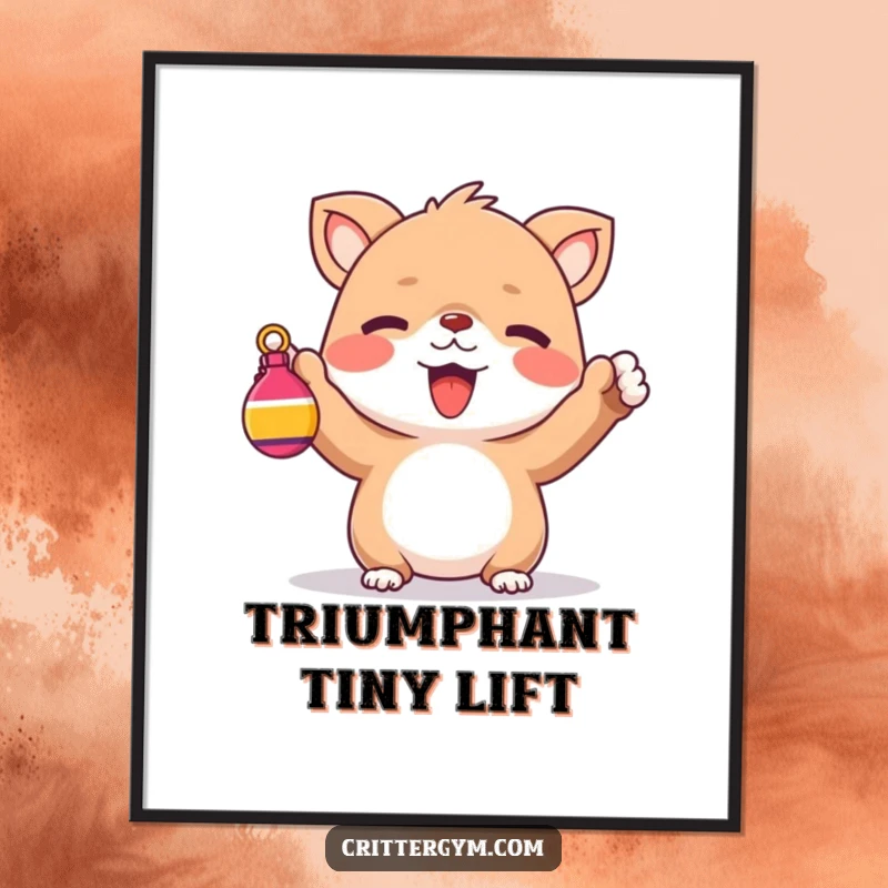 Funny Digital Art Print: A cute creature enthusiastically cheering while holding up a tiny, colorful weight.