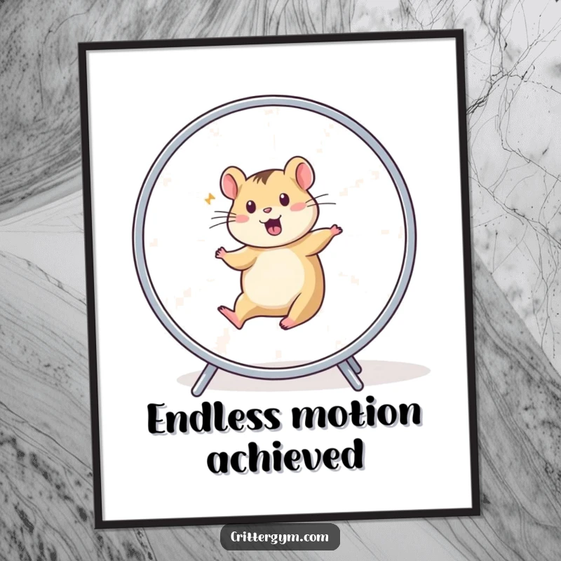 Funny Digital Art Print: A small animal character depicted as a blur, enthusiastically running on a hamster wheel.