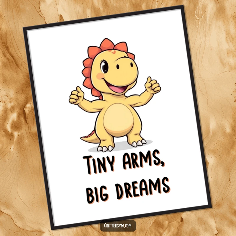 Funny digital art print of a joyful dinosaur character proudly flexing its minuscule biceps with an infectious grin, perfect for humorous wall decor.