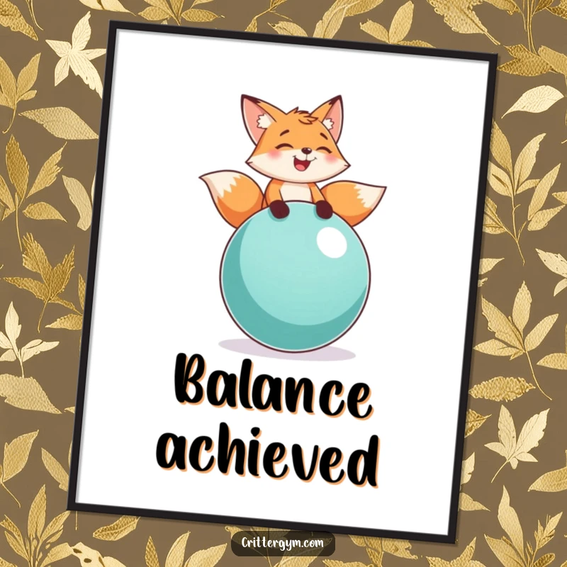 Funny fox balance digital art print showing a playful fox character laughing while balancing on a large exercise ball, for instant fun.