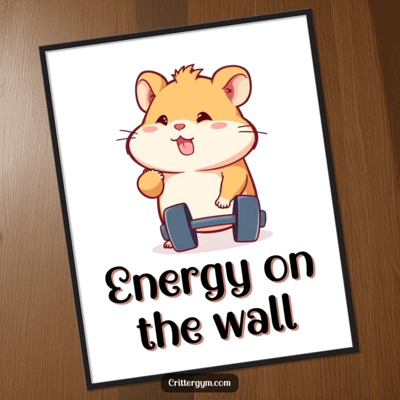 Funny high-resolution digital art of an energetic hamster determinedly lifting a miniature dumbbell, ready to print.