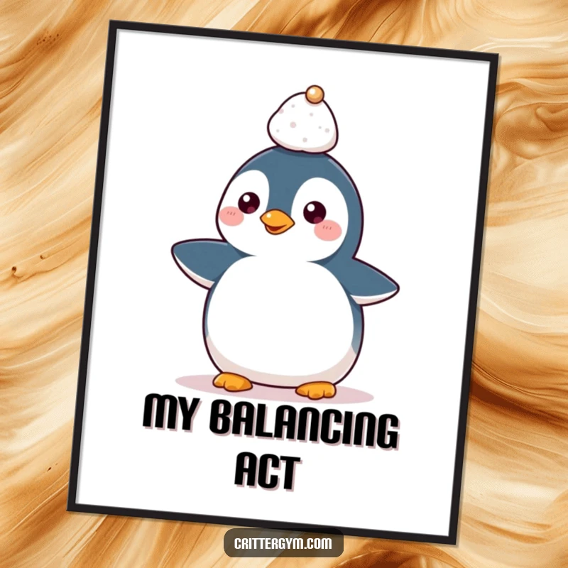 Funny Kawaii penguin character balancing a tiny weight on its head, humorous digital art print for wall decor.