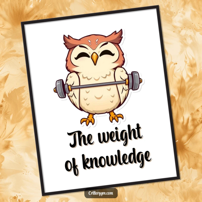 Printable funny digital art of an overjoyed owl balancing a tiny barbell on its beak, ready to hang.