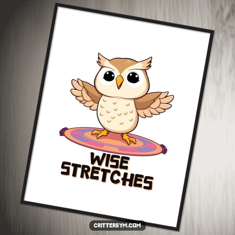 Funny owl digital canvas art capturing a beaming owl in a full split on a vibrant mat, showcasing ambition and humorous flexibility.