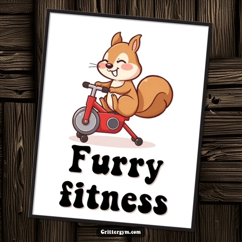 Funny digital art print, cute squirrel doing a leg kick on a tiny red exercise bike, instant decor.