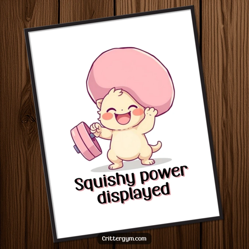 Funny squishy weight lifting digital art print of a cute creature joyfully lifting an enormous, soft weight, ready to amuse.