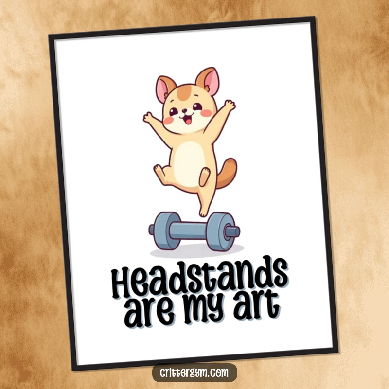 Funny handstand animal digital art print of a small creature doing a handstand on a tiny dumbbell, ready to liven up your walls.