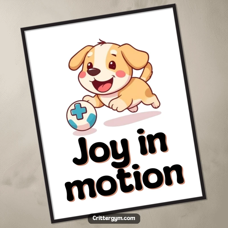 Funny Dog Medicine Ball Digital Art Print: Happy dog chases ball, perfect for humorous pet-themed decor.