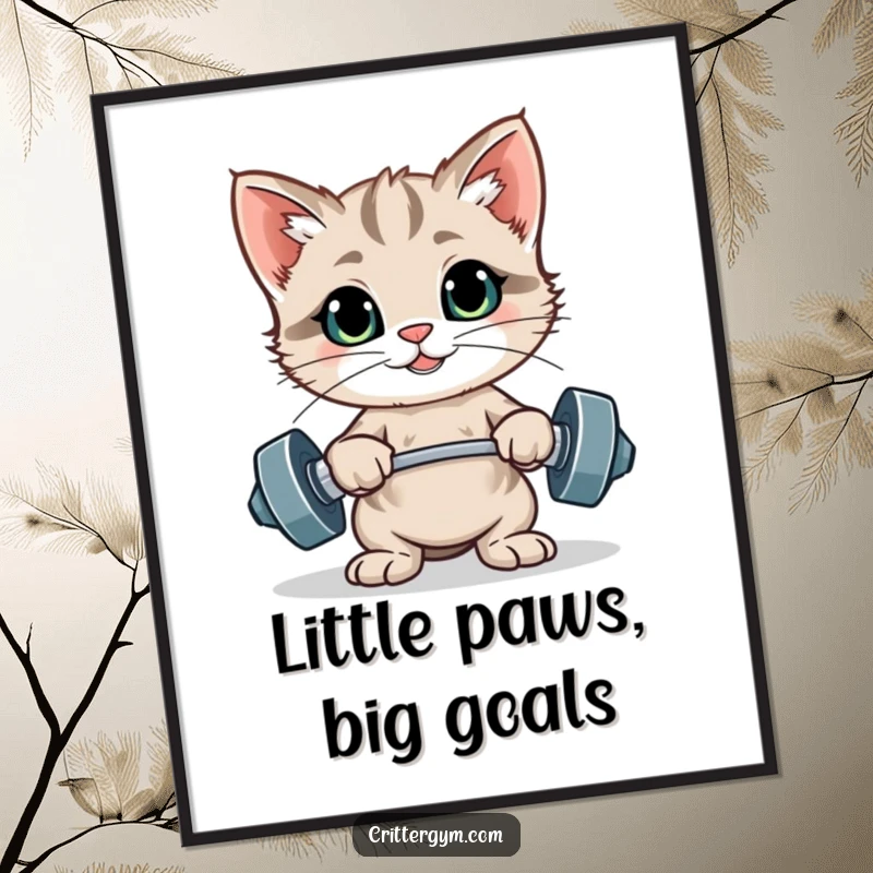 Funny digital art print of a proud kitten posing with tiny weights, capturing a humorous moment of fitness achievement.