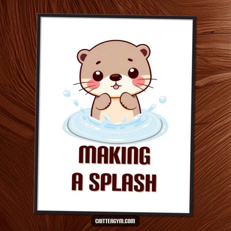 Funny Kawaii otter character splashing water in a small pool, humorous digital art print for wall decor.