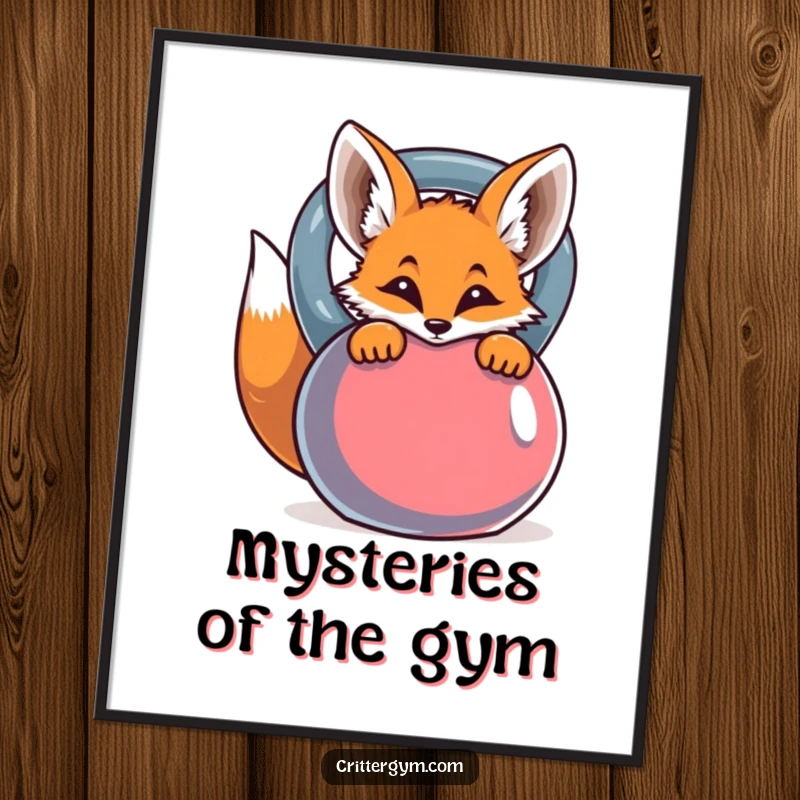 Printable funny digital art of a curious fox peeking from behind a kettlebell, ready to hang.