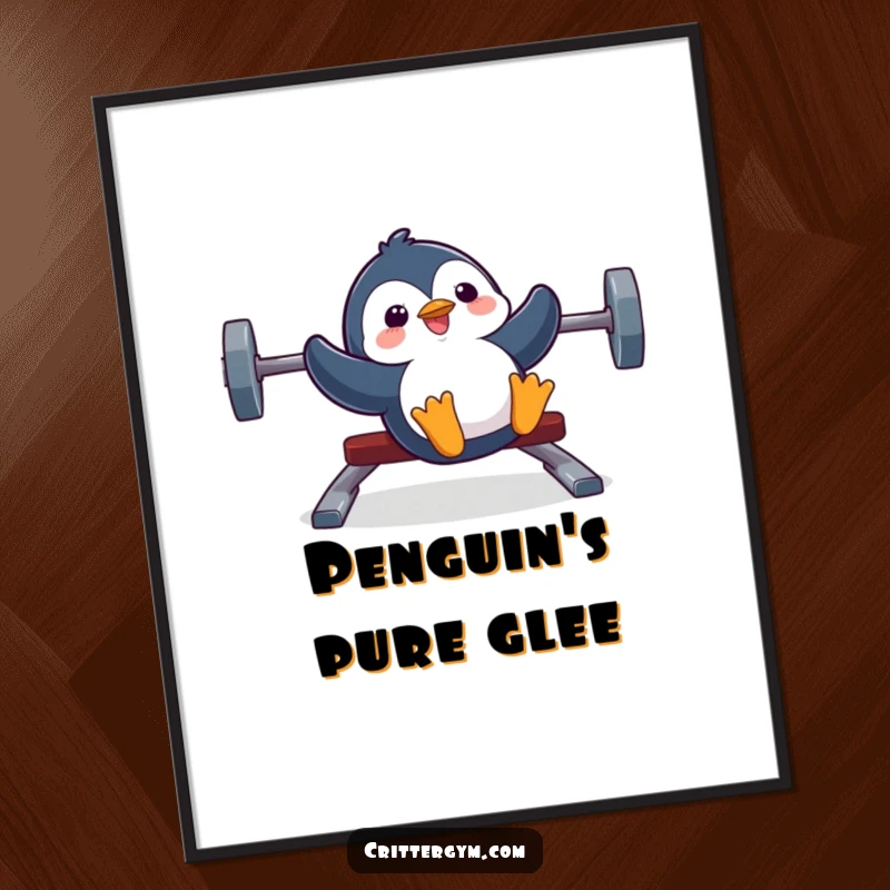 Funny digital art print of a silly penguin joyfully sliding down a weight bench with an ecstatic expression.