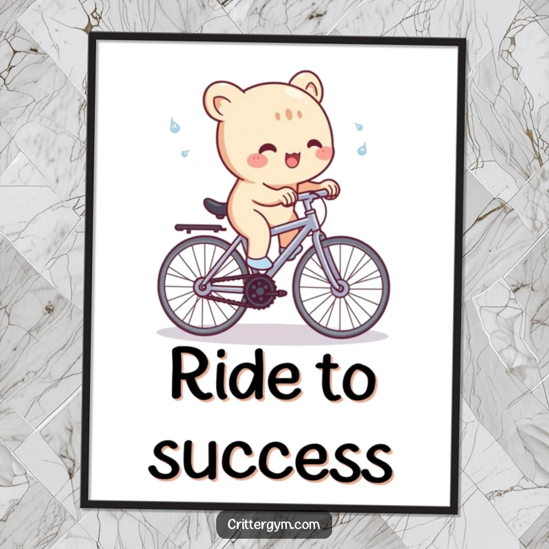Funny Art Print: A cute creature gleefully pedals a miniature stationary bike, with sweat droplets flying, a humorous workout scene.