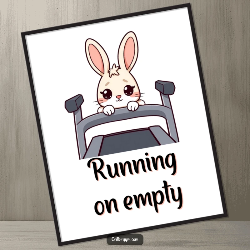 Funny Nervous Rabbit Digital Art Print: Nervous rabbit peeks over treadmill, perfect for humorous decor.