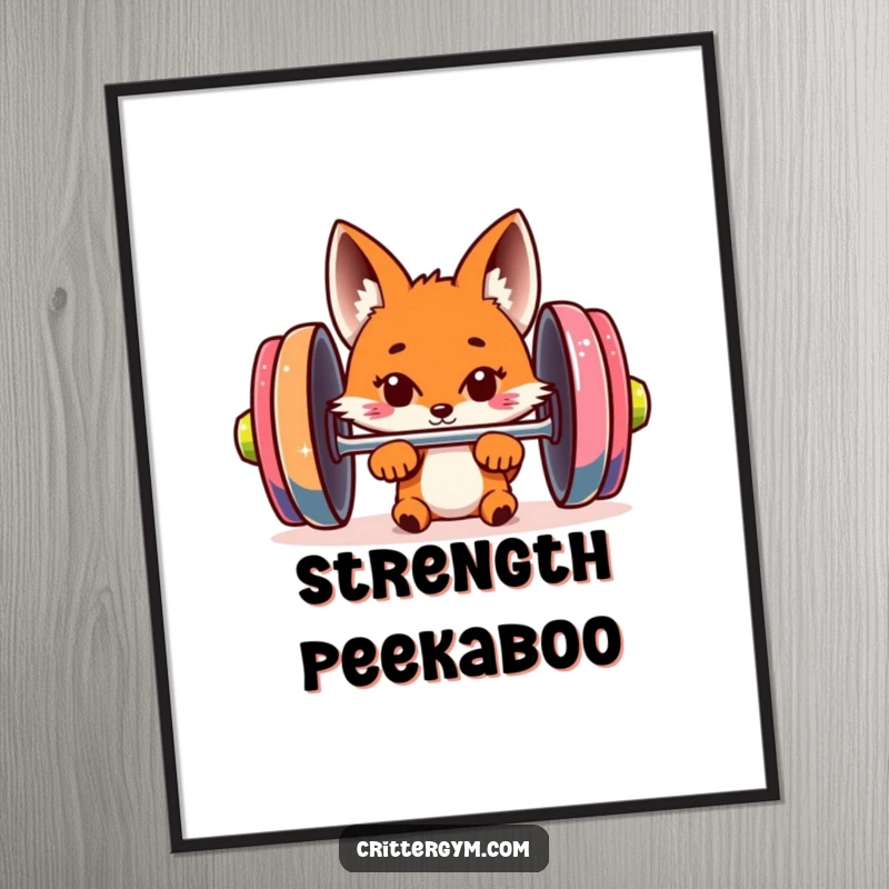 Funny fox digital art print of a curious fox peeking from behind a giant barbell, instantly downloadable for humorous fitness decor.