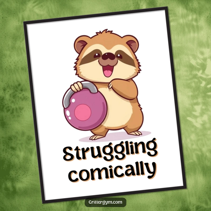 Funny kawaii sloth character struggling with a kettlebell, as a printable digital art file, perfect funny gift.