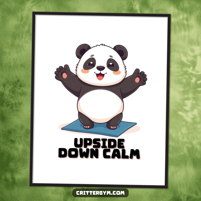 Funny chubby panda digital art print, happily doing a headstand on a yoga mat, instant wall decor, humorous funny gift.