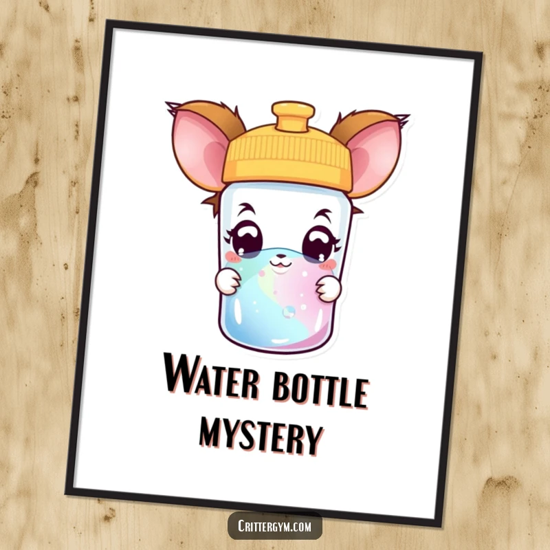 Funny creature digital art print of a curious creature with wide, amazed eyes peeking into a colorful water bottle, ready for download.