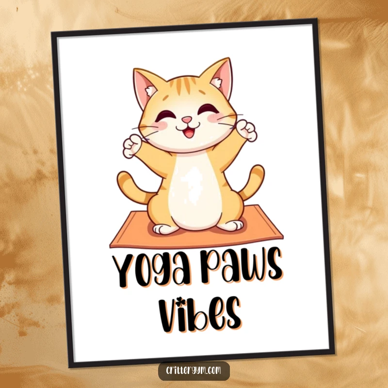 Funny digital art print of a cheerful cat character stretching playfully on a yoga mat, offering instant humorous decor for any digital frame.