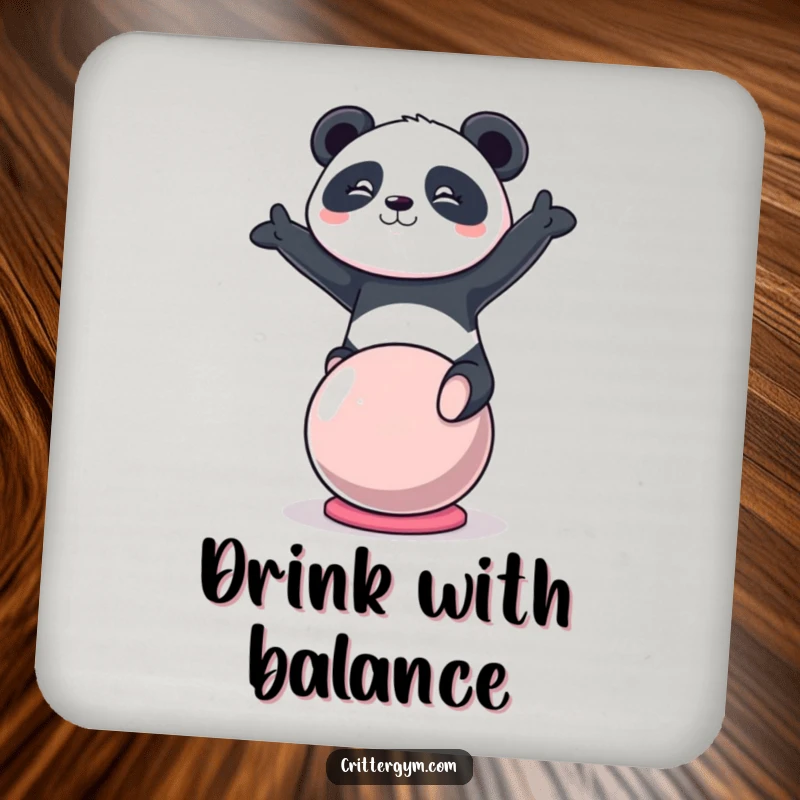 Funny kawaii panda character balancing on a yoga ball on a protective drink coaster, a cute funny gift.