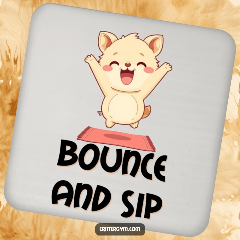 Funny Coaster: A fluffy animal character bounces energetically on a mini yoga mat, smiling widely, a humorous wellness icon.