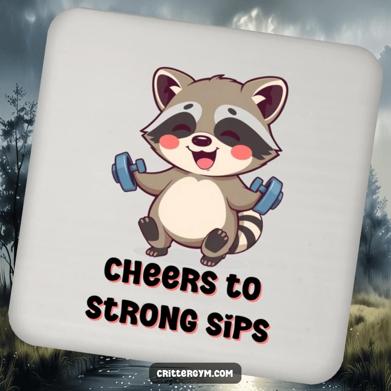 Funny Kawaii raccoon character giggling while lifting small barbells on this coaster, providing humorous and strong protection.