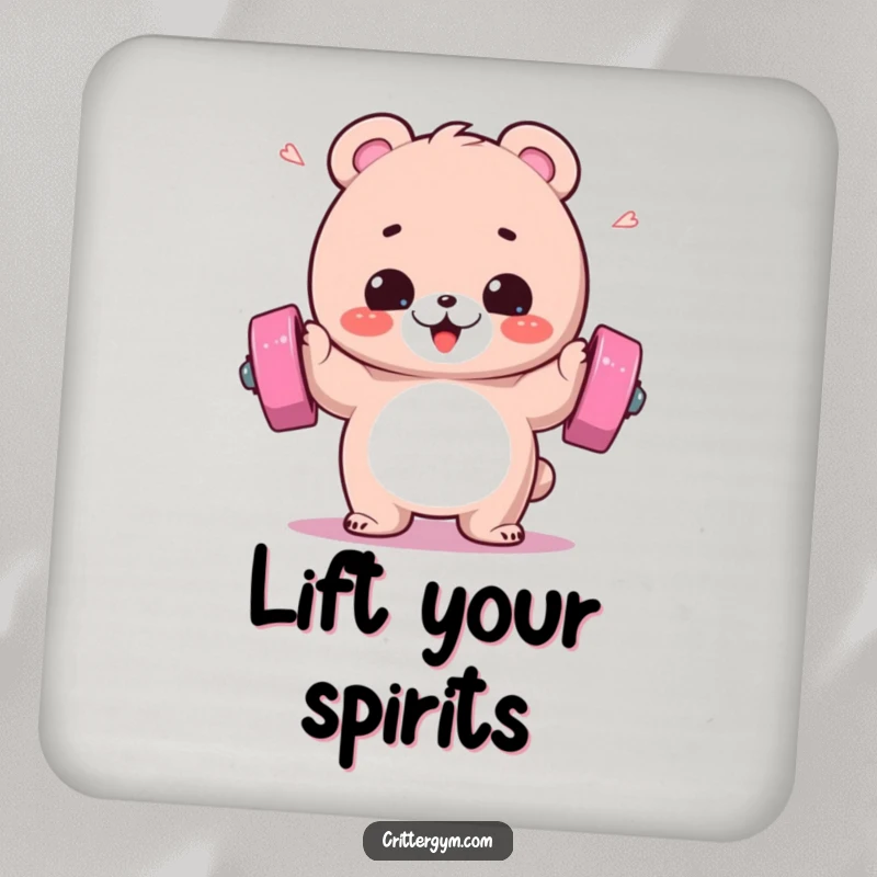 Funny coasters depicting a fluffy bear gleefully lifting a barbell with sweat flying, protecting surfaces with gym charm.