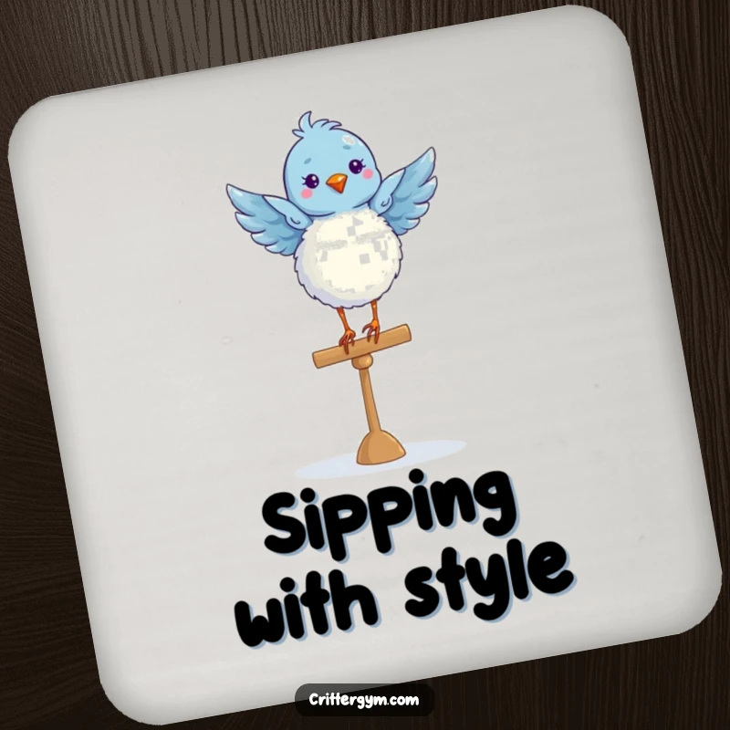 Funny fluffy blue bird in a graceful ballet pose on a balance beam, printed on a humorous drink coaster.