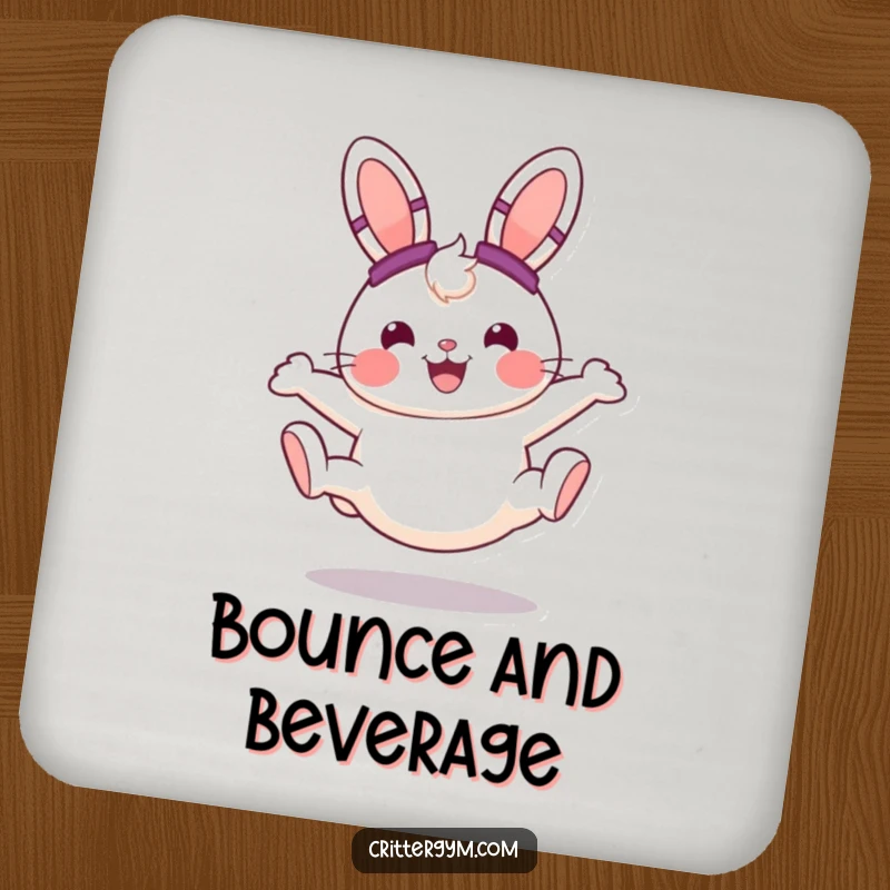 Funny cheerful bunny with sweatbands, doing a cartwheel with a smile, printed on protective drink coasters, a lovely funny gift.
