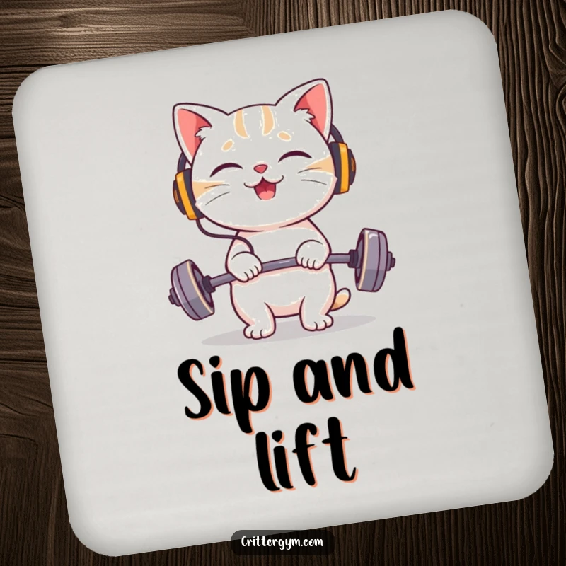 Funny cat drink coaster featuring a giggling character wearing tiny headphones, happily lifting a very small barbell.
