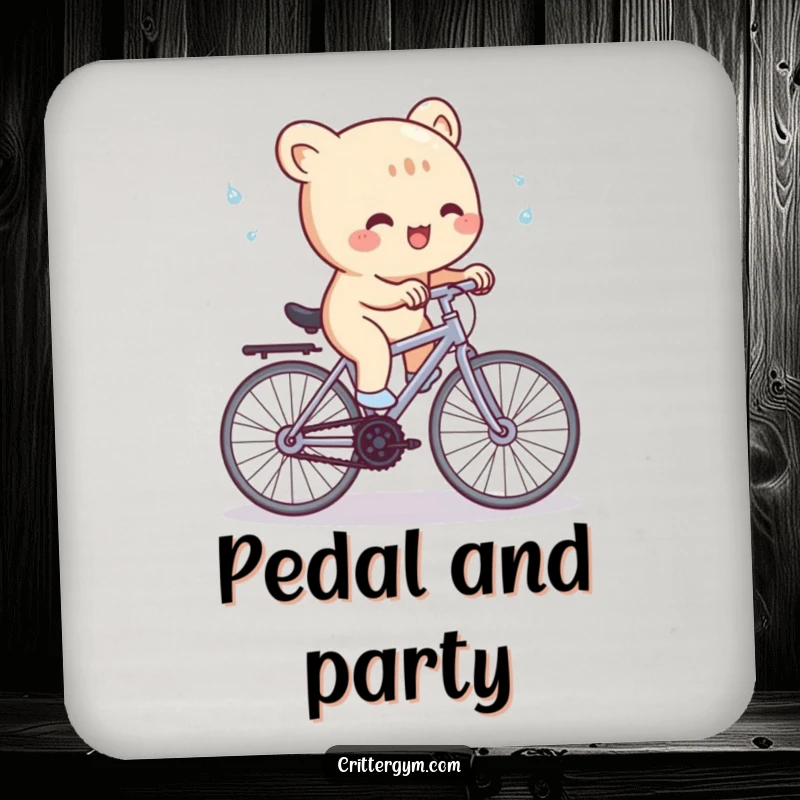 Funny Coaster: A cute creature gleefully pedals a tiny stationary bike, with sweat droplets flying, a humorous fitness icon.