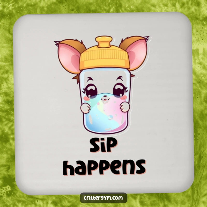 Funny creature drink coaster featuring a curious creature with wide, amazed eyes peeking into a colorful water bottle, adding humor.