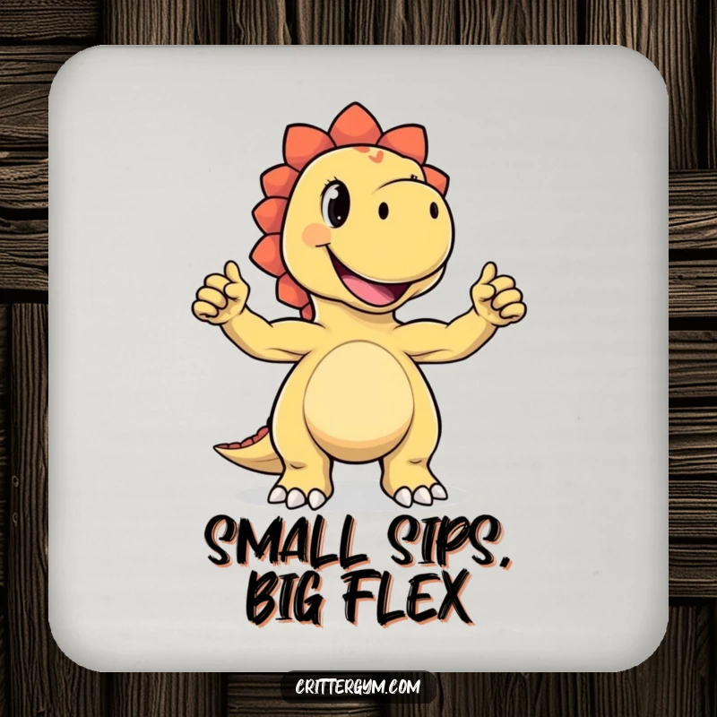 Funny drink coaster with a joyful dinosaur character proudly flexing its tiny biceps with a big grin, adding humor to any beverage setup.