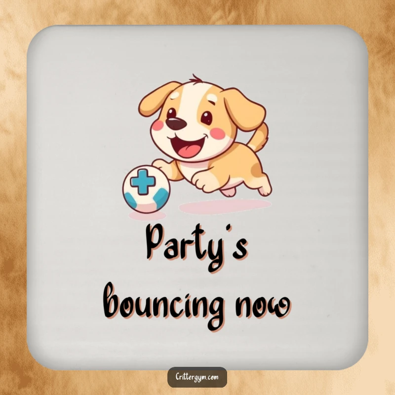 Funny Dog Medicine Ball Coasters: A happy dog plays fetch, protecting surfaces with humor.