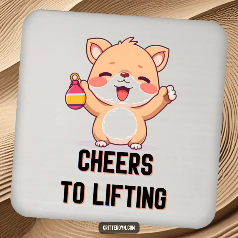 Funny Drink Coaster: A cute creature cheering while holding a tiny, colorful weight, a humorous table protector.