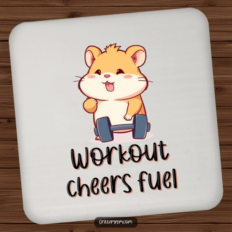 Funny energetic hamster character determinedly lifting a dumbbell, printed on protective drink coasters, a lovely funny gift.