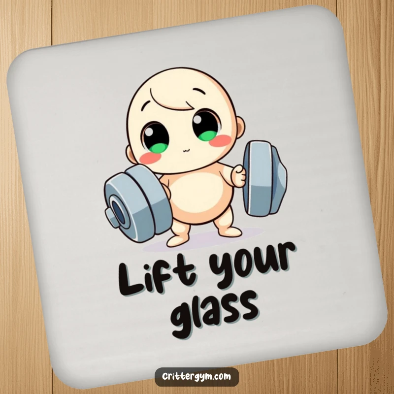 Funny drink coaster, small round character trying to lift a huge dumbbell, protecting surfaces.