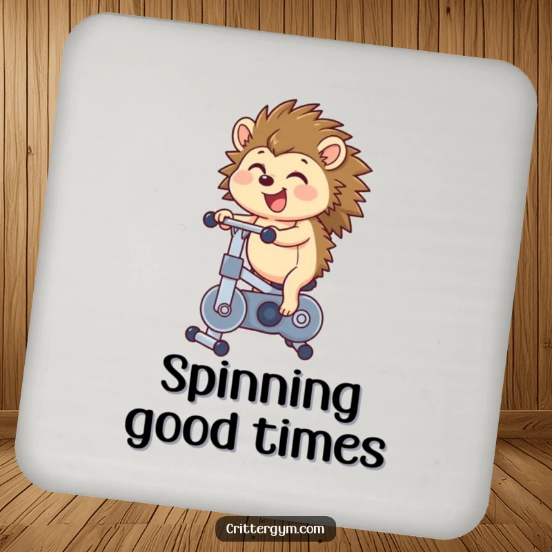 Funny hedgehog drink coaster set showing a happy hedgehog joyfully pedaling a miniature exercise bike, a humorous addition to any beverage setting.