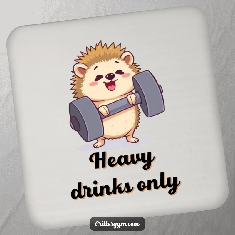 Funny determined hedgehog drink coaster lifting a comically large dumbbell, symbolizing strength, adding a quirky and protective touch, ideal for a gift.