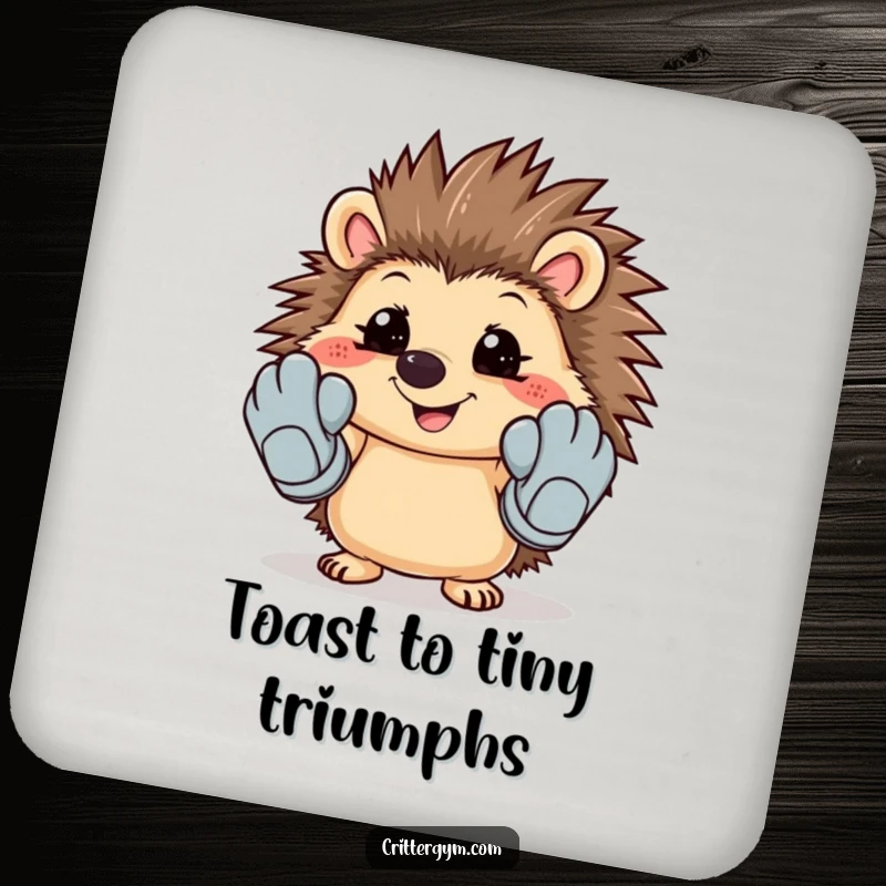 Funny drink coaster showcasing a smiling hedgehog trying on oversized workout gloves, ideal for any table.
