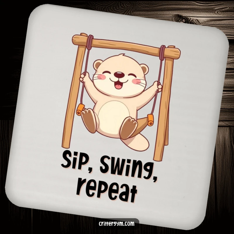 Funny drink coaster with a playful otter character joyfully swinging on a miniature monkey bar, adding charm to any surface.