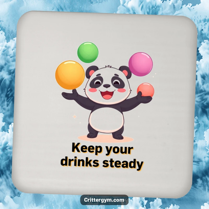 Funny drink coaster showcasing a cheerful panda bear gleefully juggling large yoga balls, protecting surfaces with humor.